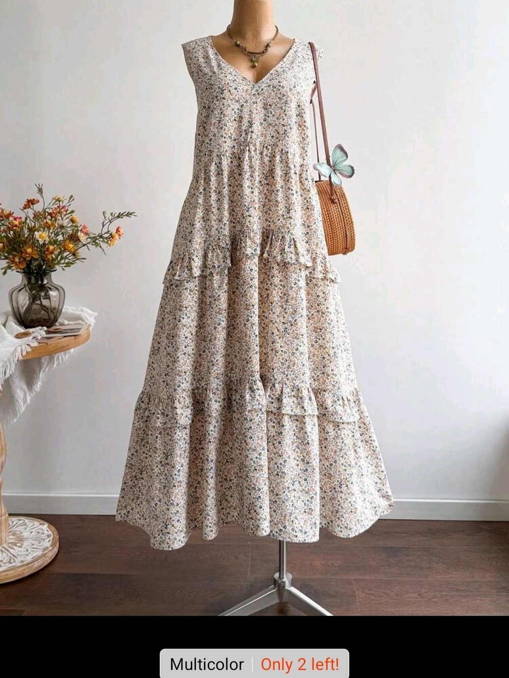 V-Neck Floral Tiered Maxi Dress - Cream Multicolor